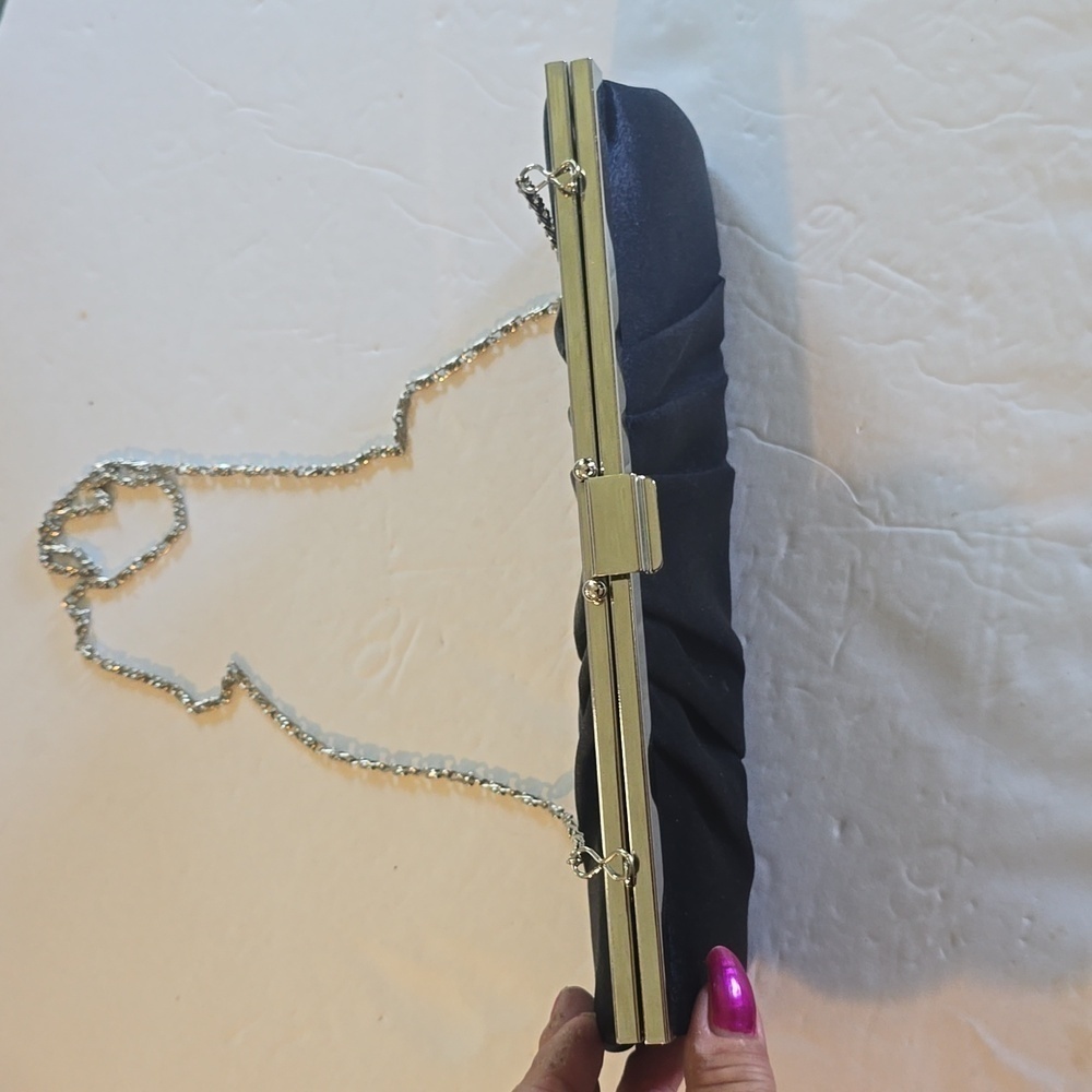 Gunne Sax | Navy Blue/ Silver Satin Evening Clutch Elegant Stunning! Large - Picture 3 of 14